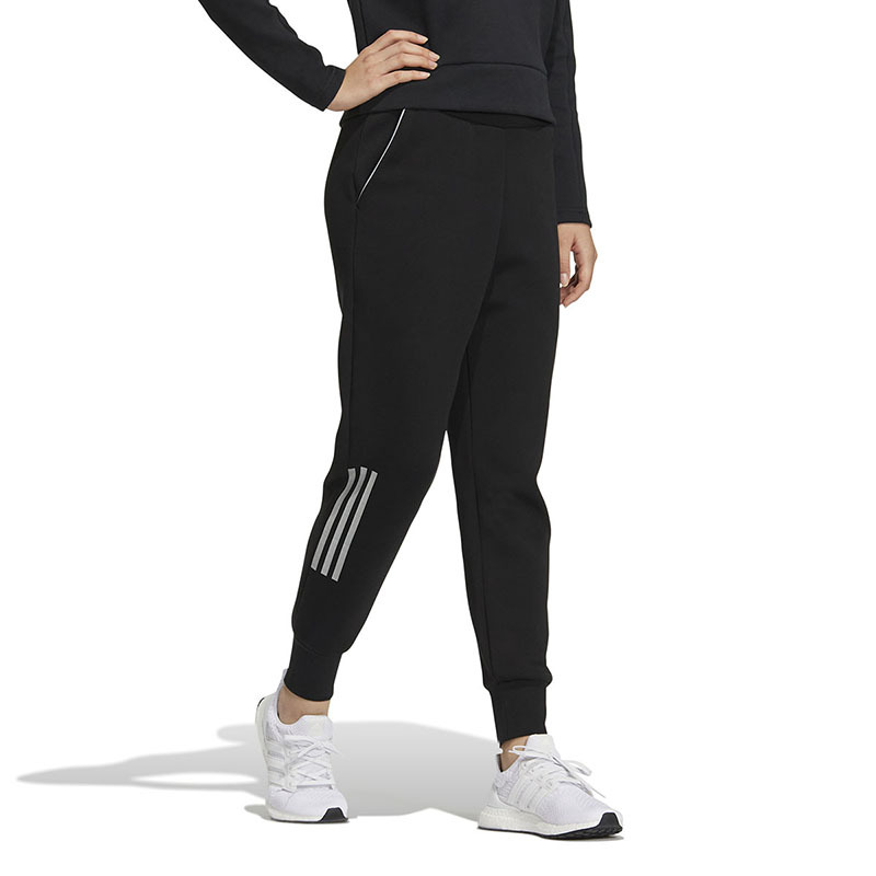 adidas 条纹图案松紧腰束脚运动裤 女款 黑色 HM7098