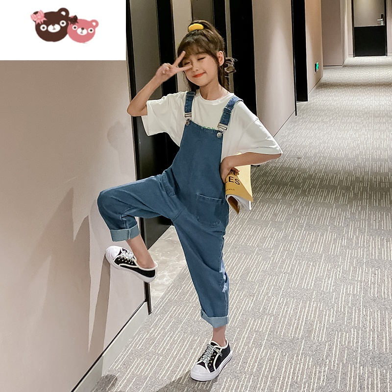 绿彩虹光女童牛仔裤夏季薄款中大童洋气儿童背带裤子夏季简约时尚女孩