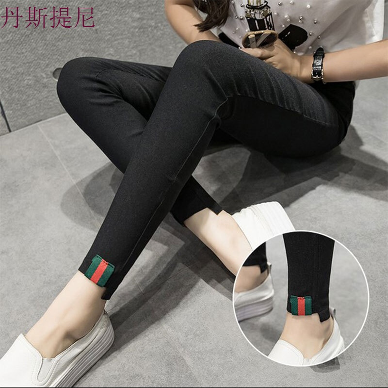 春秋季女外穿薄款韩版打底裤百搭蕾丝黑色显瘦九分小脚裤