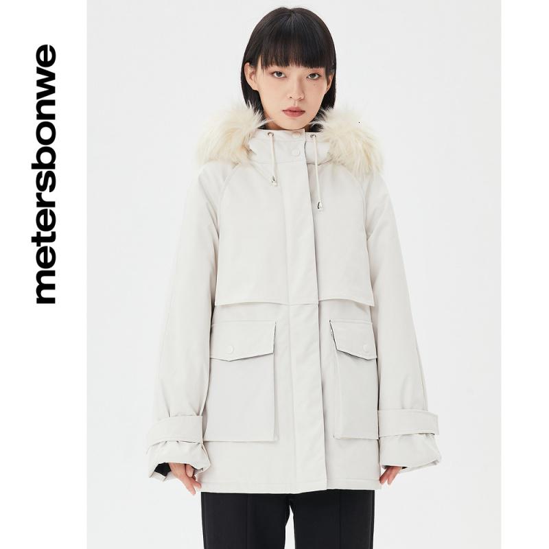 美特斯邦威棉服女潮流冬季新款舒适保暖工装连帽派克棉服_295 165/L（重120-145斤） 白色组