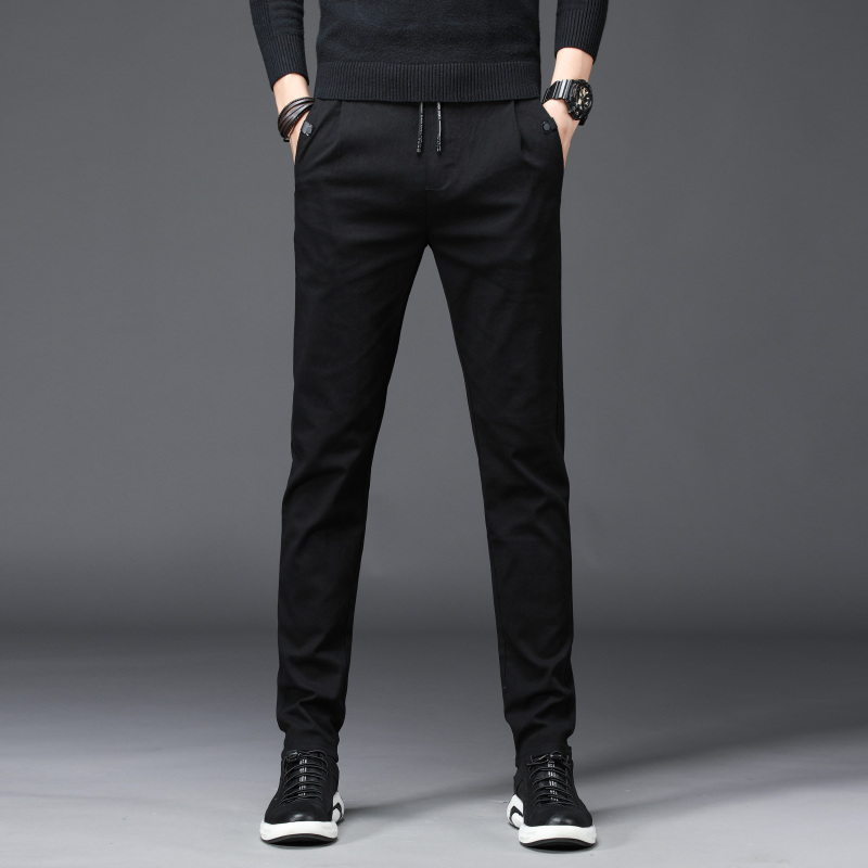 hlcoman秋冬季加绒休闲裤男修身小脚系带松紧腰男士弹力青年黑色库子