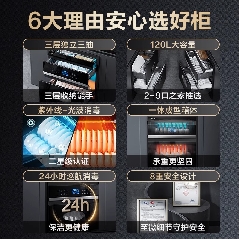 志高嵌入式消毒柜家用小型厨房多功能三层大容量高温消毒碗柜高清大图
