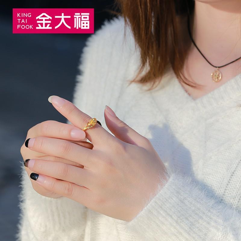 金大福金戒指女足金999车花仿钻花朵金戒指活口可调节正品计价