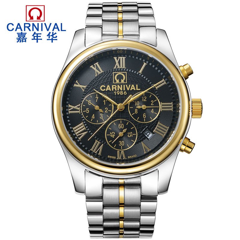 嘉年华CARNIVAL名匠运动手表男 全自动机械表 男士精钢带防水休闲男表正品休闲时尚金属蝴蝶扣腕表8827 星球间金黑盘