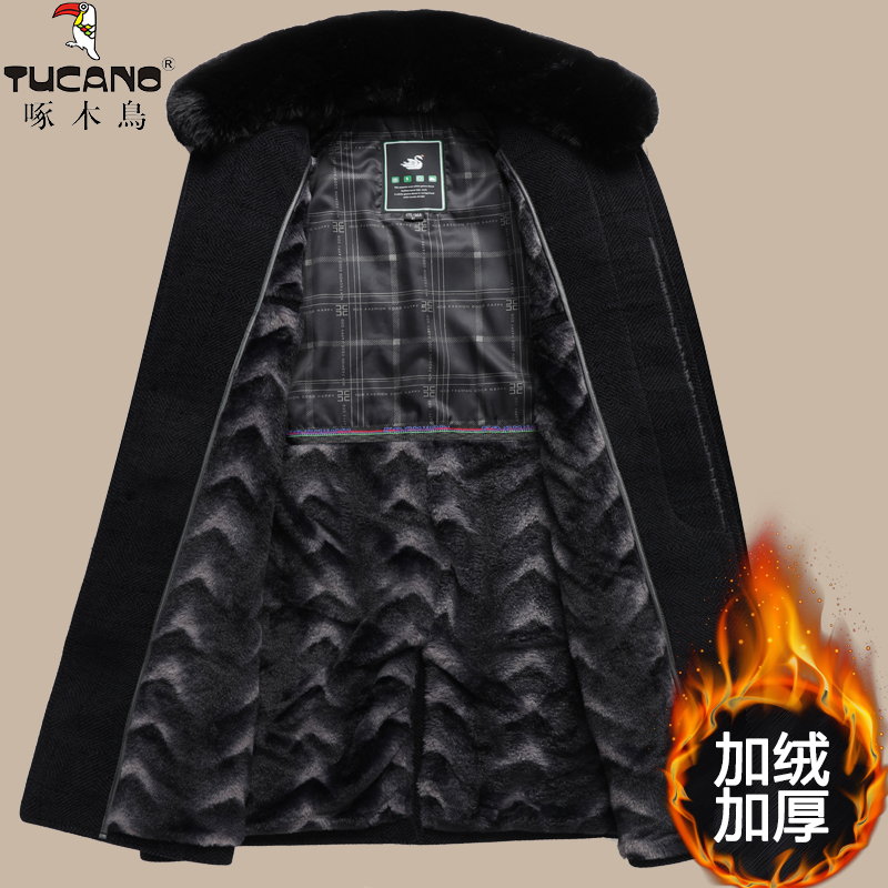 啄木鸟爸爸冬装呢子外套加绒加厚保暖冬季中老年人毛呢大衣男长毛高清大图