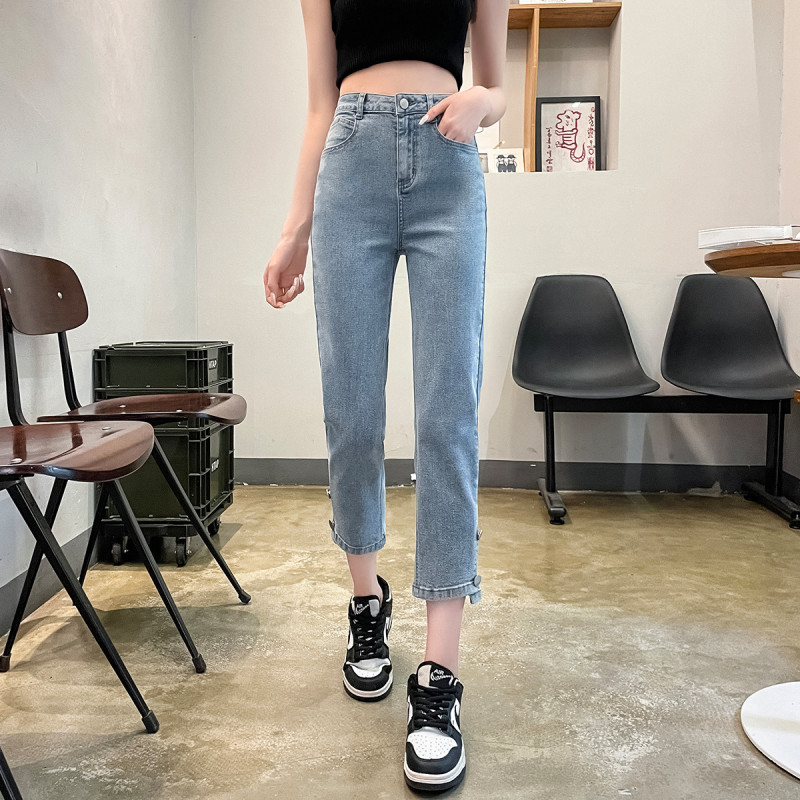 唐狮牛仔裤子女烟管裤时尚脚口不对称烟管裤九分牛仔裤休闲烟管裤女