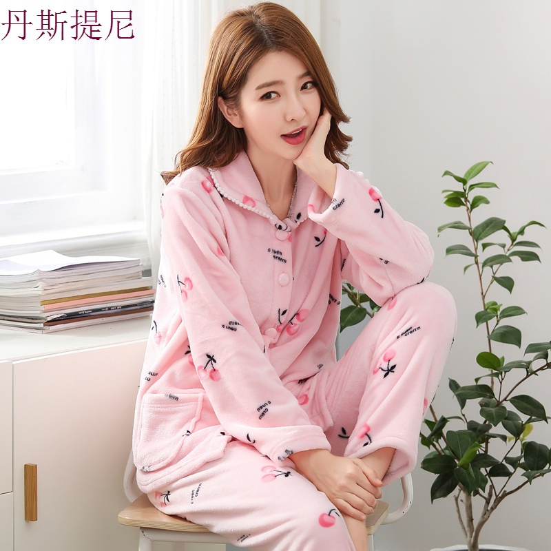 韩版可爱大码珊瑚绒睡衣女秋冬加厚长袖开衫法兰绒睡衣家居服套装