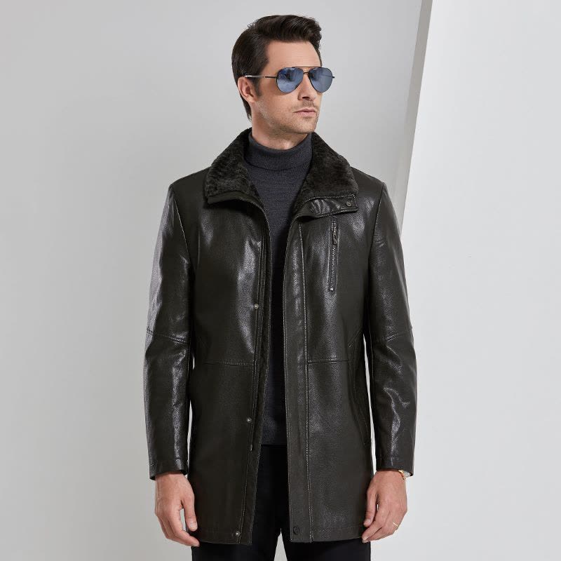 免费试穿 高端皮草 海宁雪兔绒皮毛一体男 春秋新款男式中长款真皮皮衣依诺柏尼品牌男士商务大码真皮外套爸爸装图片