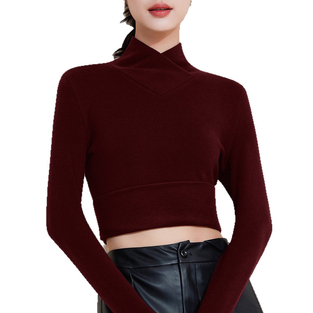 交叉V领打底衫羊毛蚕丝长袖t恤女内搭加绒加厚暖绒发热保暖上衣冬高清大图