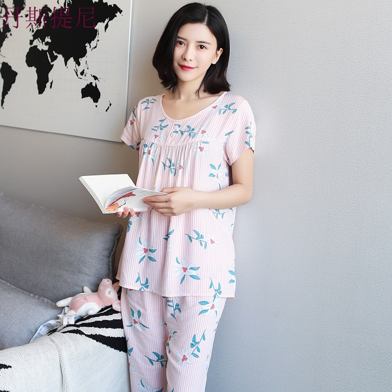 睡衣女夏短袖两件套装胖mm200斤加肥加大宽松大码棉绸薄款人造棉