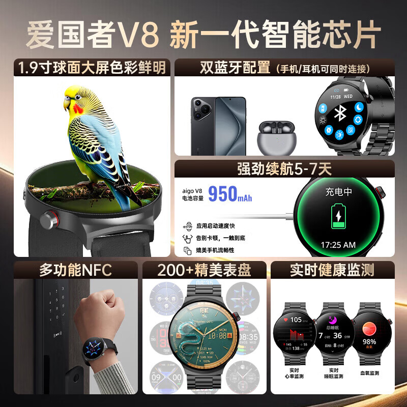 爱国者(aigo)智能手表V8旗舰版男女通用健康监压心率多功能通话 银色高清大图