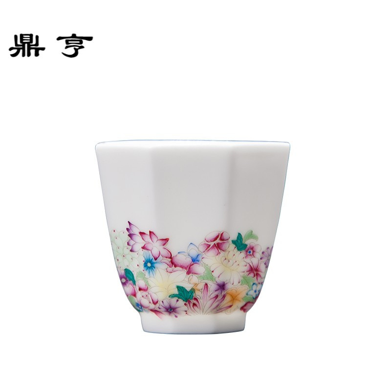 鼎亨手绘万花粉彩个人八角杯纯手工品茗杯单杯主人杯功夫杯景德镇