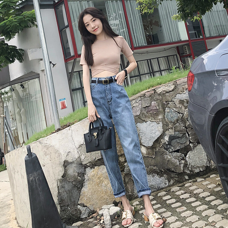 复古高腰牛仔裤女chic港味修身直筒裤2018夏秋宽松学生百搭九分裤蓝色