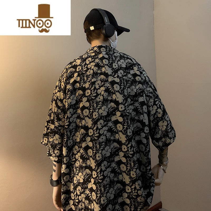 YANXU港风复古冰丝碎花衬衫男生短袖垂感痞帅潮牌宽松休闲古着衬衣外套高清大图