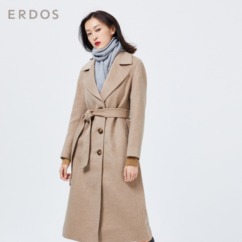 ERDOS 纯色简约翻领女士长款系带收腰纯羊绒大衣外套