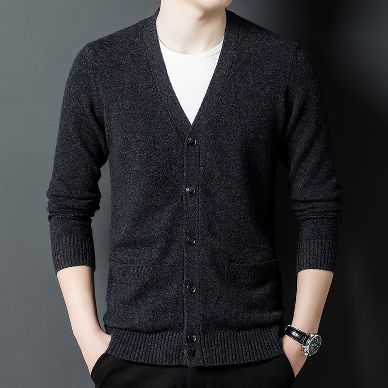 加厚真口袋v领开衫100%纯山羊毛绒男针织衫2024春秋毛衣外穿加厚高端羊绒衫外套鸡心领口袋羊绒衫男纯羊绒开衫男 57608真口袋碳灰 180/96A