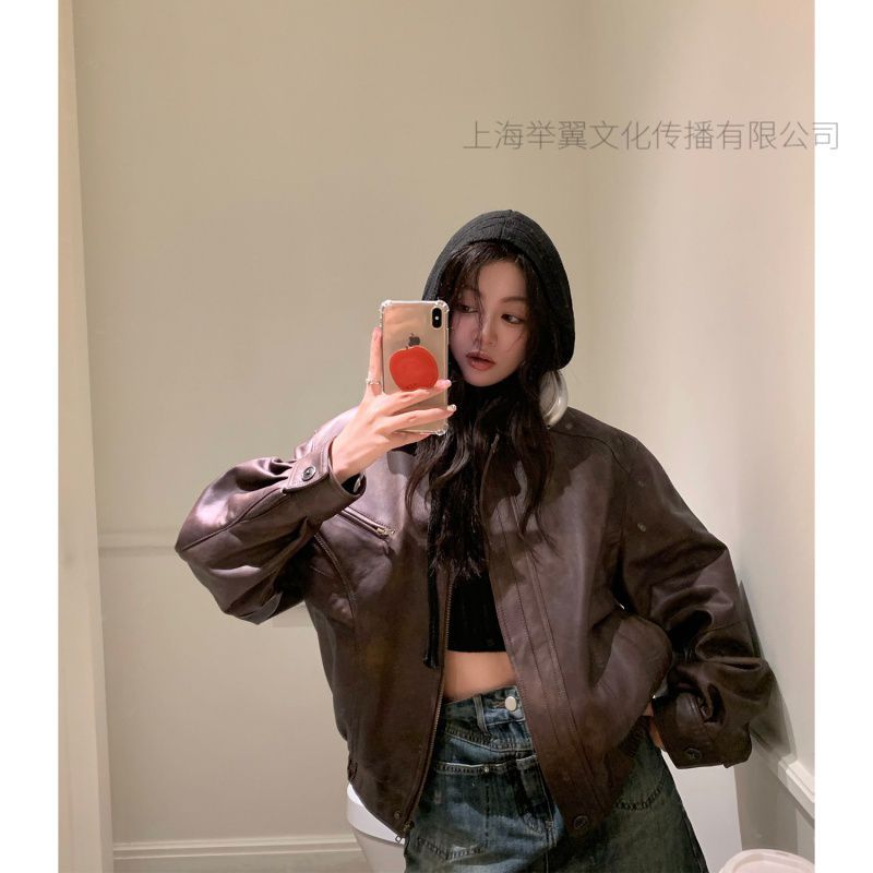 海宁新款咖啡街区休闲复古绵羊皮革真皮皮衣女韩版夹克外套女
