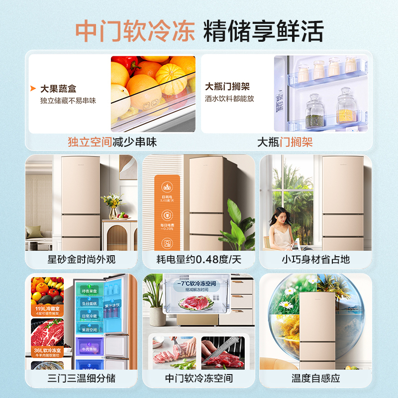 容声(Ronshen)206升 三门式三开门电冰箱 小型租房宿舍 家用 节能省电 冷冻冷藏BCD-206D11N