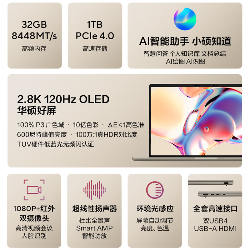 灵耀14AIR/骁龙X/2.8K/砚石灰14寸高清大图