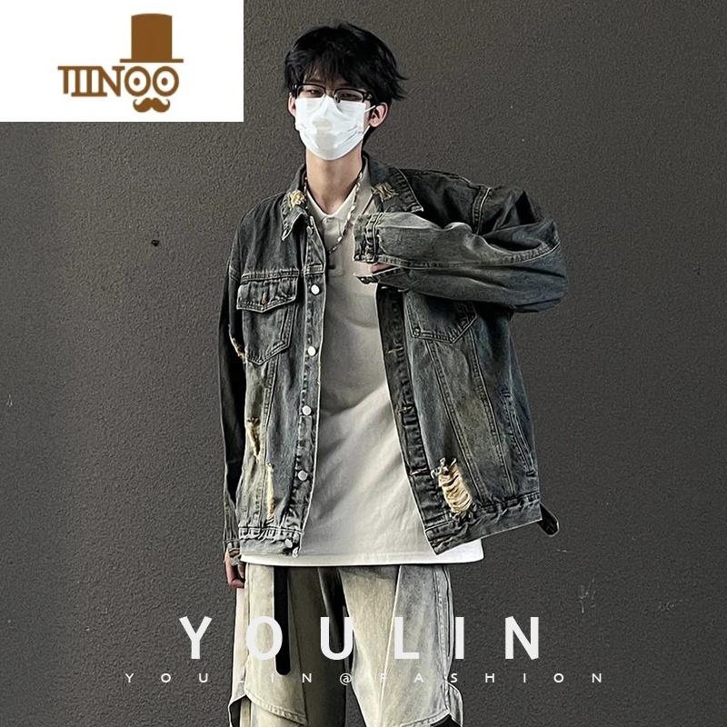 YANXU美式复古做旧牛仔外套男款痞帅感cleanfit水洗工装夹克牛仔衣