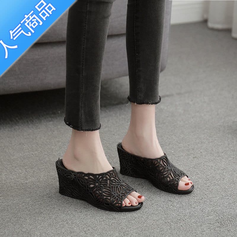 SUNTEK夏季新款镂空高跟果冻拖鞋女士防滑塑料坡跟凉拖鞋时尚室外穿厚底图片