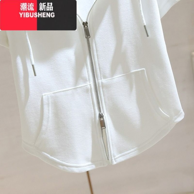YIBUSHENG300斤大码女装设计感连帽短袖T恤季新款胖mm开衫拉链运动上衣斤高清大图