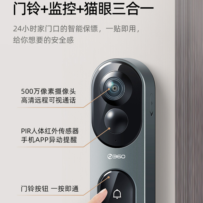 360可视门铃6Pro 500万像素家用监控智能门铃电子猫眼摄像头无线wifi 手机远程查看 鱼眼门铃+64G(送读卡器