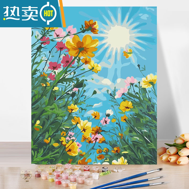 敬平diy数字油画手工涂色风景装饰油彩画填充手绘填色画画富士山装饰画 格桑花 护眼彩色画板+颜料+画笔50*65cm绷好内框