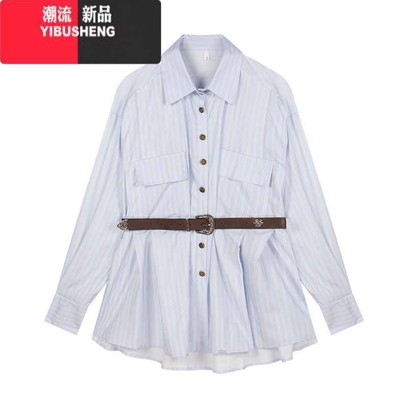 YIBUSHENG宽松韩版条纹衬衫连衣裙季设计感薄款长袖衬衣裙子收腰a字短裙 衬衫裙配腰带 S