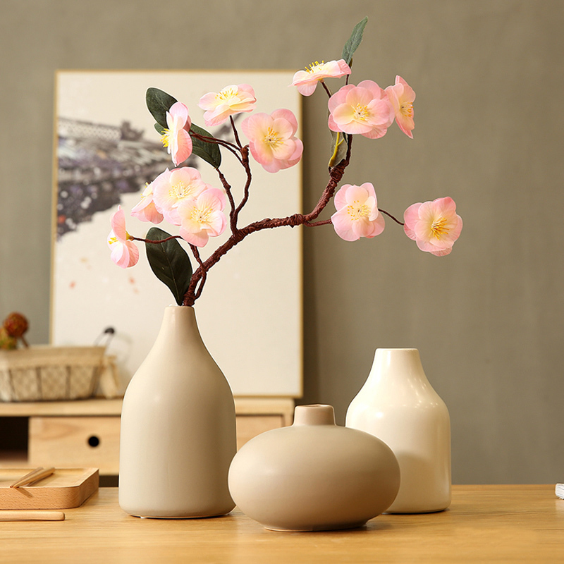 日式禅意家居饰品手工花插装饰摆件黑白色陶瓷花瓶三件套樱花套装 三