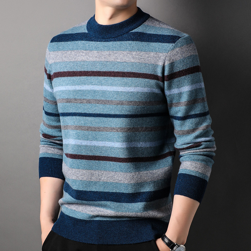 鄂尔多斯羊绒衫男士山羊绒100%纯羊绒高端山羊绒正品恒源祥毛衣男圆领100%纯羊绒衫男士大码商务青中年加厚羊毛衫男 175/92A 81713浅蓝