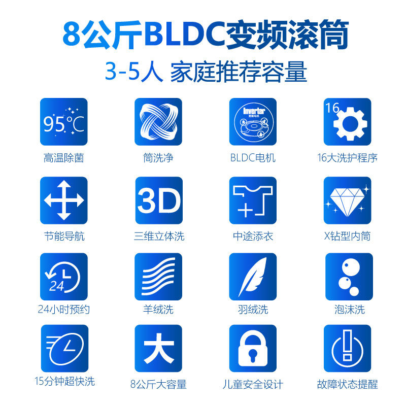 松下洗衣机XQG80-N80WY 8公斤全自 滚筒洗衣机 变频电机 95℃高温除菌 家用