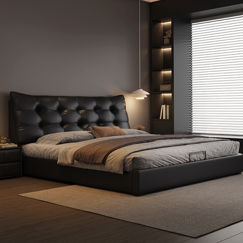 欧梵森 床 意式极简油蜡皮床现代简约1.8米双人床轻奢主卧华夫格大床1.5米家用储物软包婚床皮艺床