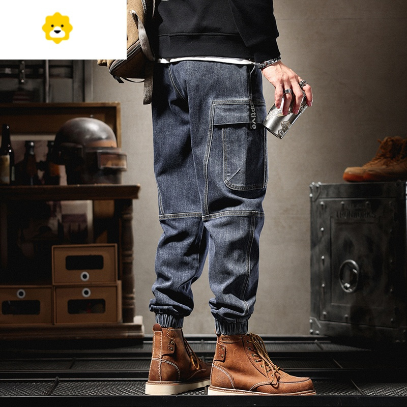 fishbasket春秋款牛仔裤男宽松直筒束脚潮牌休闲工装长裤子春季男士大