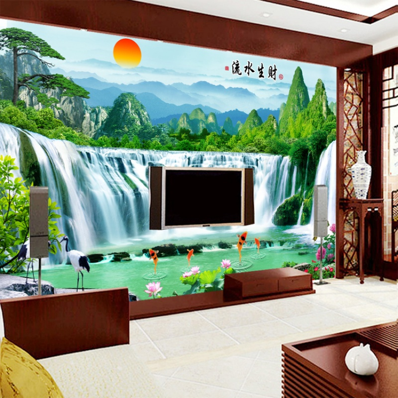 无缝大型壁画中式电视背景墙山水风景客厅书房流水生财墙纸壁纸壹德壹