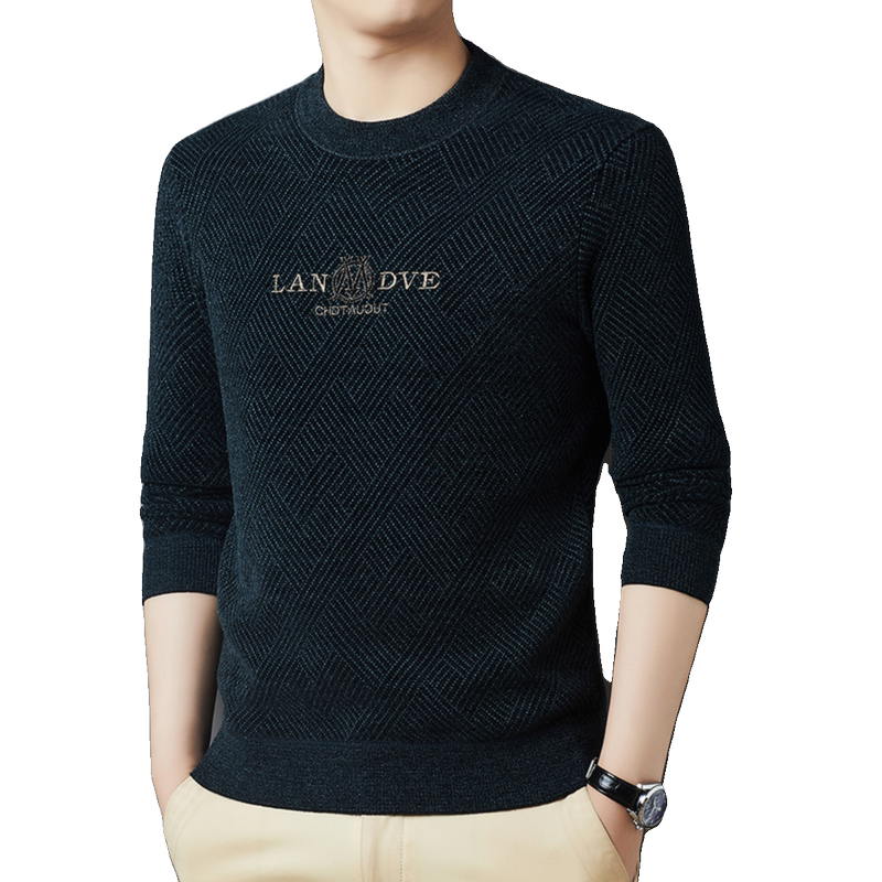 啄木鸟提花雪尼尔毛衣男秋冬加厚加绒中年打底圆领保暖卫衣一体卫高清大图