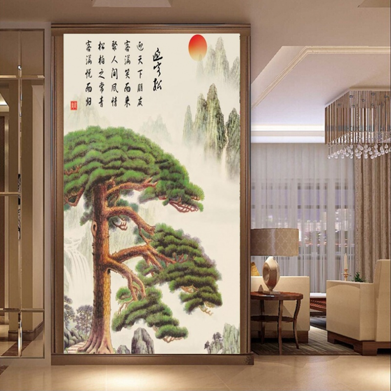 无缝中式定制壁画中式迎客松客厅电视沙玄关背景墙纸壁纸墙布壹德壹