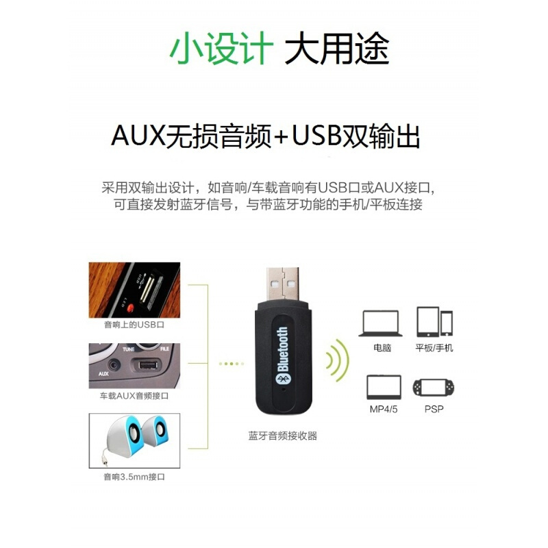 汽车车载蓝牙接收器模块USB立体声音无线aux无损音频免提射器4.2适配器蓝牙棒转音箱音响台式机耳 黑色 官方标配