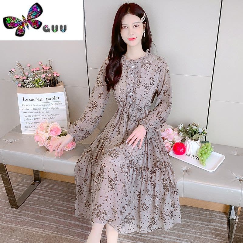 语娄茶歇法式显瘦连衣裙女2023新款高级感气质长袖雪纺碎花裙子图片