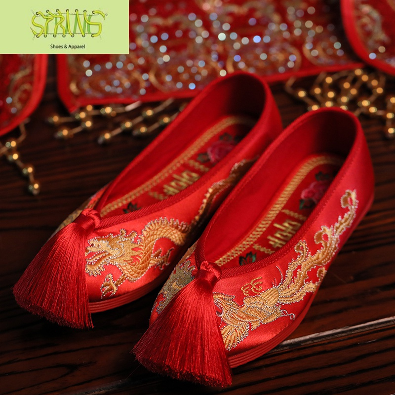 龙凤婚鞋绣花鞋女结婚鞋中式布鞋红色平底汉婚上娇鞋红秀禾新娘鞋 语