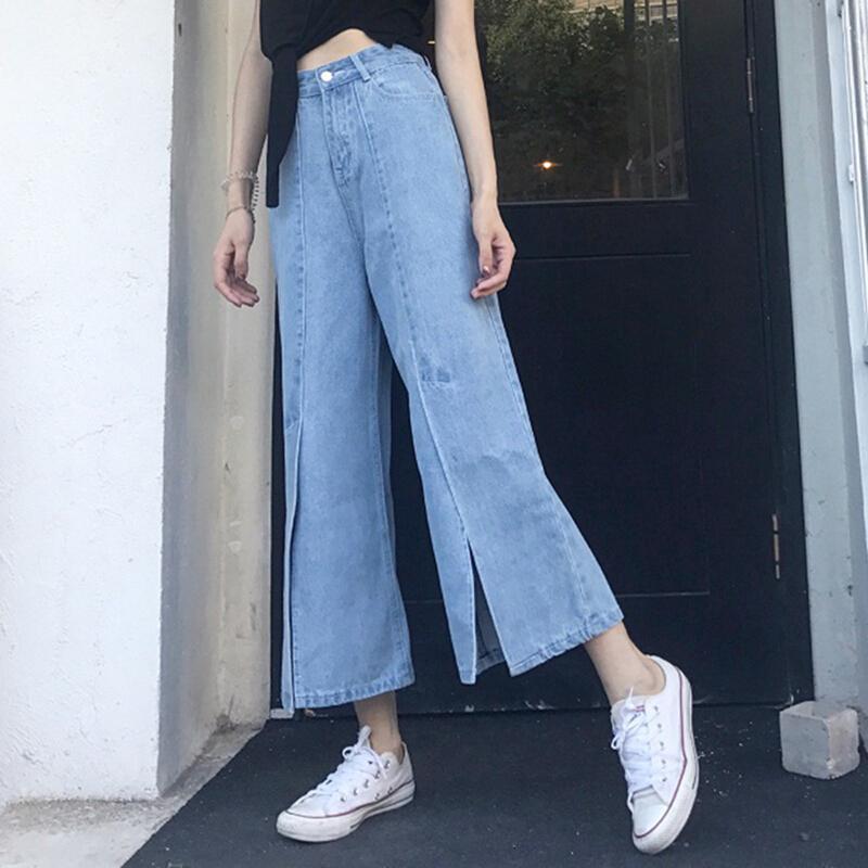 秋夏装韩版加肥加大码200斤胖mm高腰破洞九分牛仔裤女宽松阔腿裤浅蓝色8811S码【90-100斤】