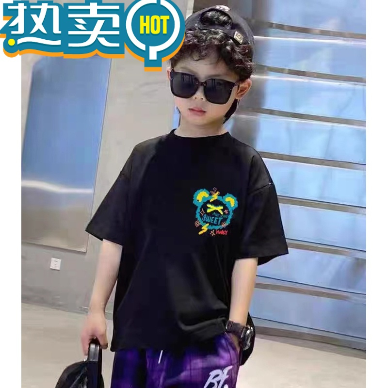 绿彩虹光男童套装夏季男女童无袖背心童装上衣儿童炸街宝宝T恤两件套