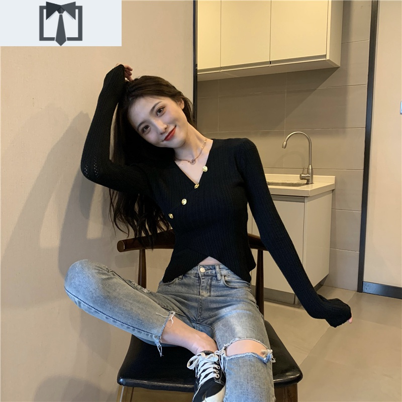 SUNTEKv领短款上衣女性感露脐高腰套头毛衣春秋网红针织打底衫内搭洋气毛衣