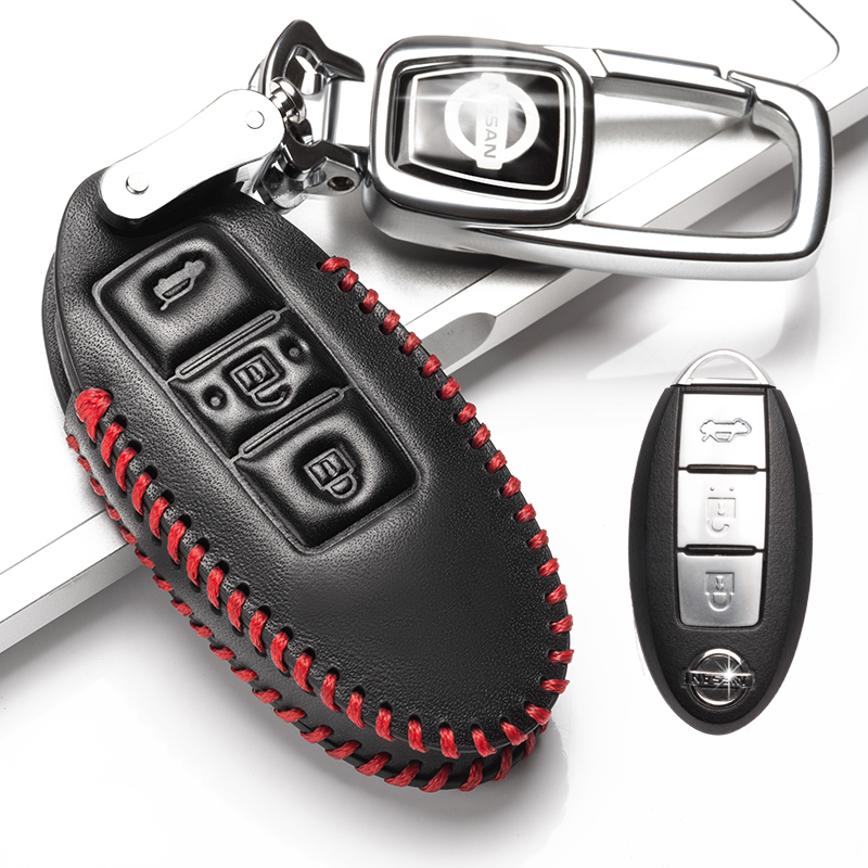 【补贴10%】专用于全新奇骏真皮钥匙包逍客楼兰轩逸天籁途达骐达钥匙套扣蓝鸟汽车钥匙包 日产C款黑红色（智能钥匙三键带后备箱键款）