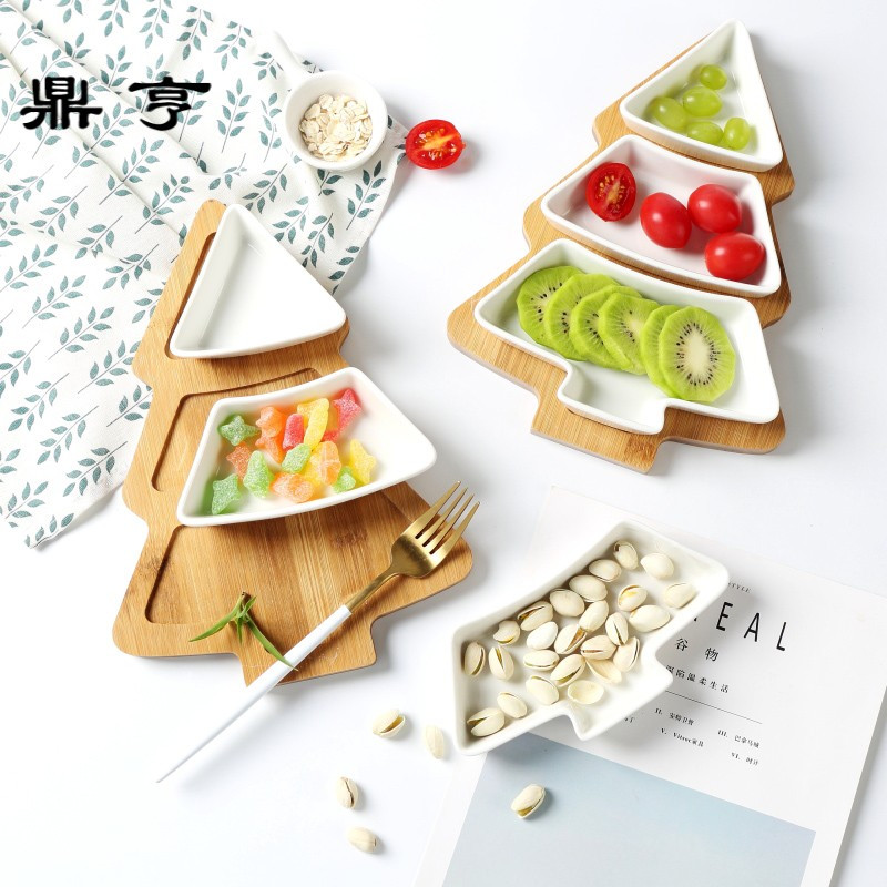 鼎亨景德镇陶瓷竹木圣诞树托盘点心零食盘小吃水果盘碟子餐具沙拉