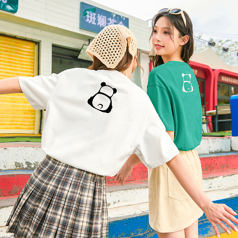 [1.5折价37元]唐狮白色短袖女T恤夏季新款熊猫印花上衣女甜美小个子体恤sz