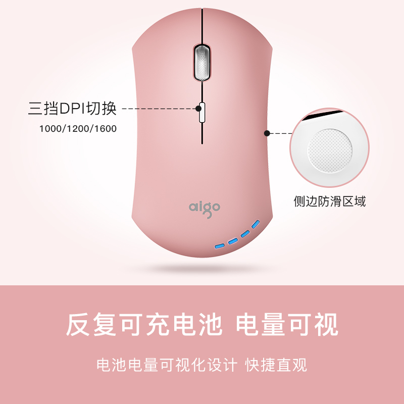 爱国者(AIGO) 4D安静电量可视炫彩多色充电无线鼠标 五金滚轮 续航时间长M200 芭比粉
