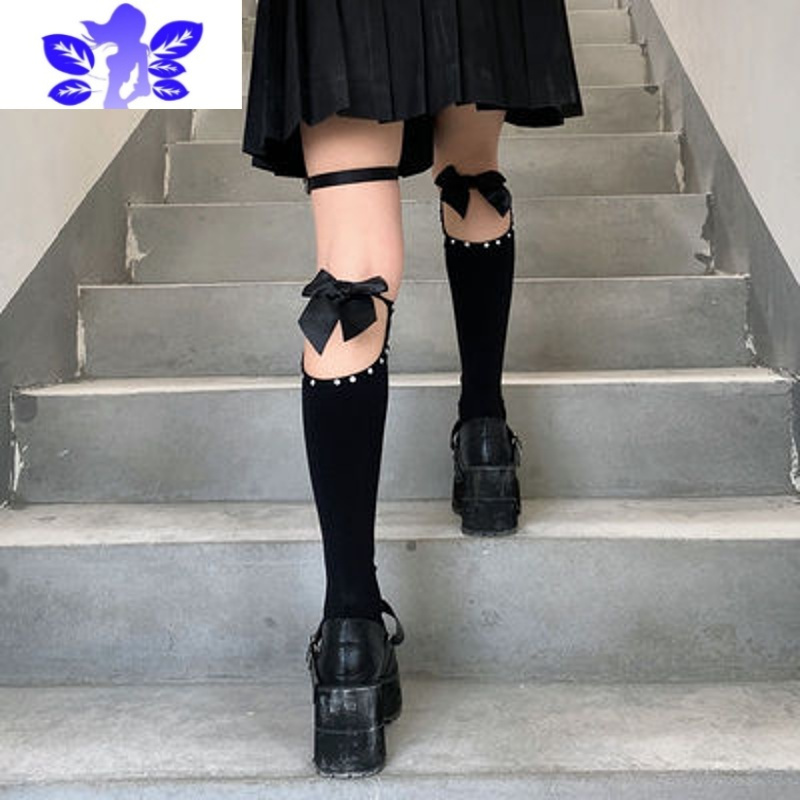Ideamini中筒黑色交叉绑带小腿袜镂空蕾丝jk穿搭薄款女春夏短筒过膝袜丝袜
