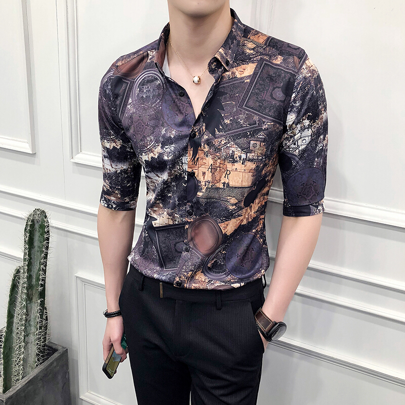 18夏装潮流印花七分袖衬衫男韩版修身型师中袖衬衣男短袖花衬衫cs01图