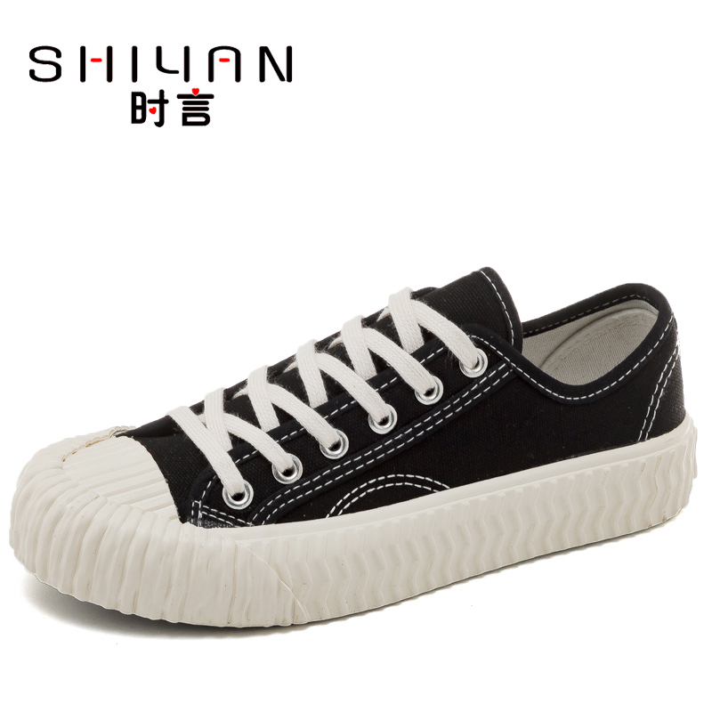 时言(SHIYAN)网红帆布鞋女2022春夏新款透气平底板鞋学院风饼干鞋女潮流舒适单鞋户外布面休闲女鞋